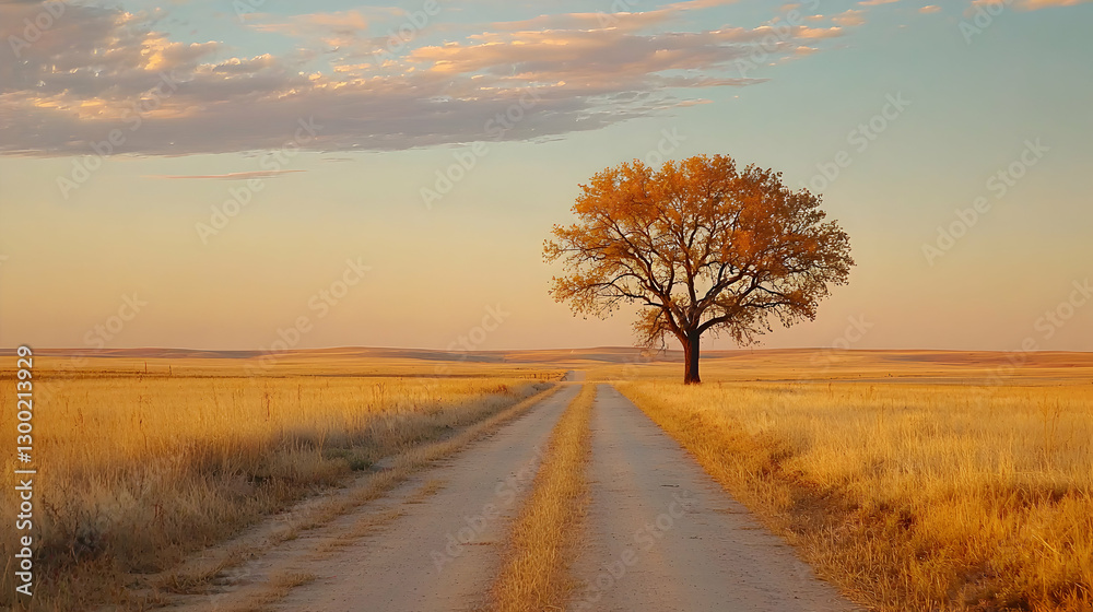 Solitary Tree in Golden Autumn Field at Sunset Solitary Tree in Golden Autumn Field at Sunset