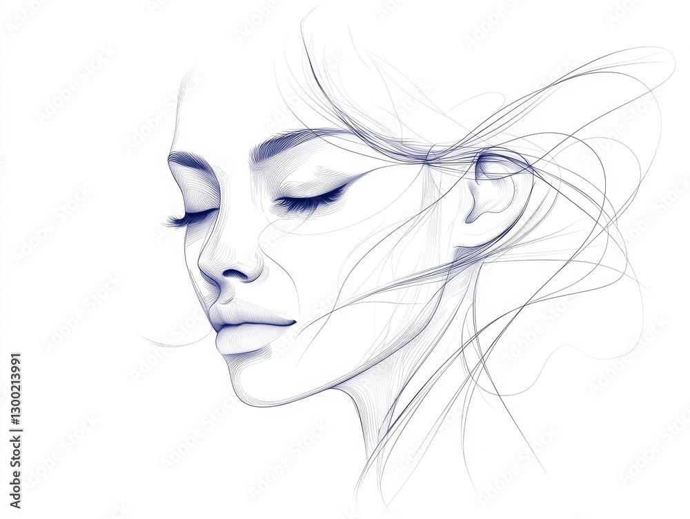Striking portrait of a woman with long, flowing hair against white background Striking portrait of a woman with long, flowing hair against white background