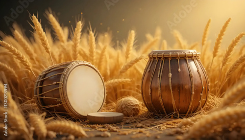 The poster for the Indian celebration Baisakhi, the dhol drum, and the ears of wheat are placed on the table.