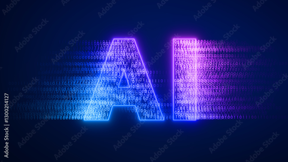 AI letters with data innovation illustration background. Artificial intelligence powers data-driven analytics, big data, automation, neural networks, business insights and predictive systems.