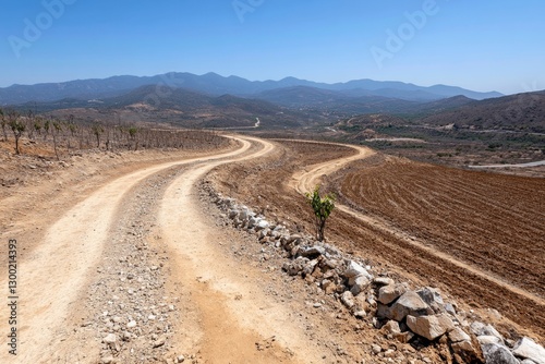 A desert landscape expanding into what was once fertile farmland, showing the effects of global warming
