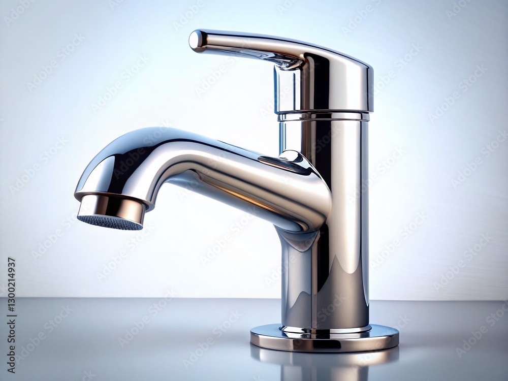 Sleek Modern Metallic Faucet, Minimalist White Background Stock Photo Sleek Modern Metallic Faucet, Minimalist White Background Stock Photo