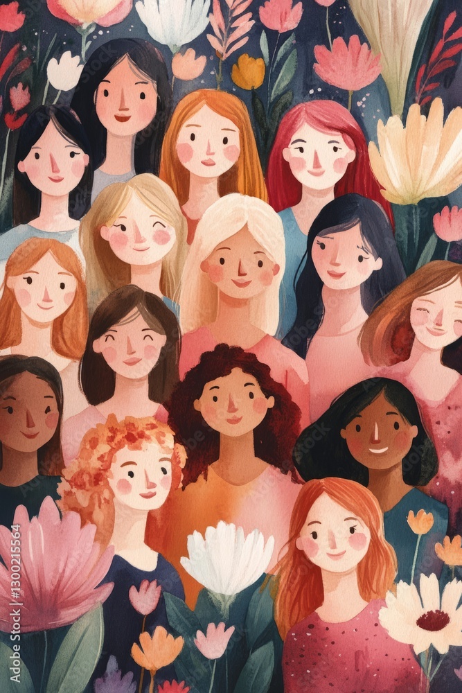 Group of diverse women smiling surrounded by flowers, celebrating international women's day and female empowerment, vertical Group of diverse women smiling surrounded by flowers, celebrating international women's day and female empowerment, vertical