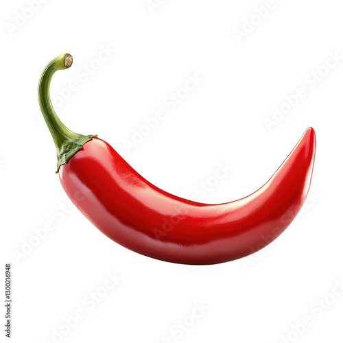 A vibrant red chili pepper with a smooth glossy surface and a gently curving shape isolated against a transparent backdrop