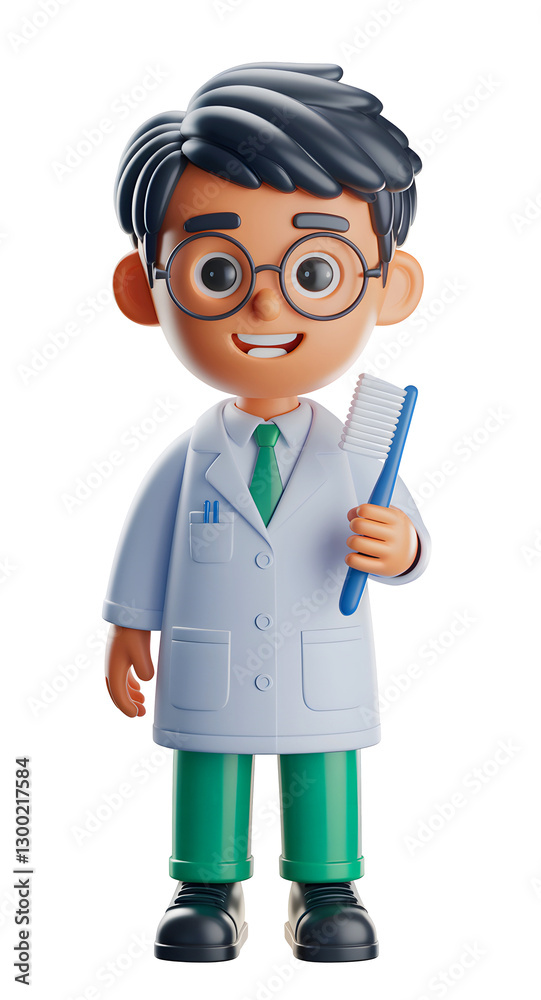 3D Cute Dentist Character, Full-Body, Wearing White Coat, Holding Red Toothbrush in One Hand, Dressed in Purple Trousers and Black Shoes, Friendly Smile, Isolated on White Background 3D Cute Dentist Character, Full-Body, Wearing White Coat, Holding Red Toothbrush in One Hand, Dressed in Purple Trousers and Black Shoes, Friendly Smile, Isolated on White Background