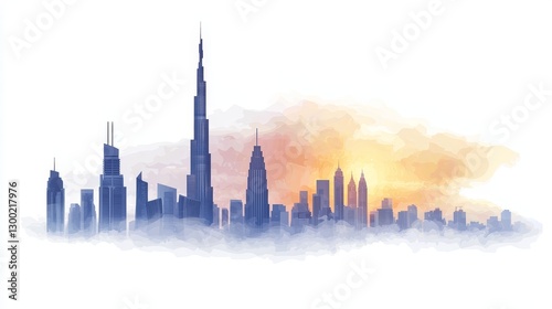 Vibrant watercolor painting of dubai skyline, a captivating urban landscape stunning