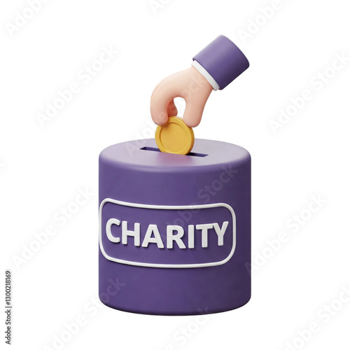 3D rendered hand putting gold coin into purple charity box, transparent background, donation concept.