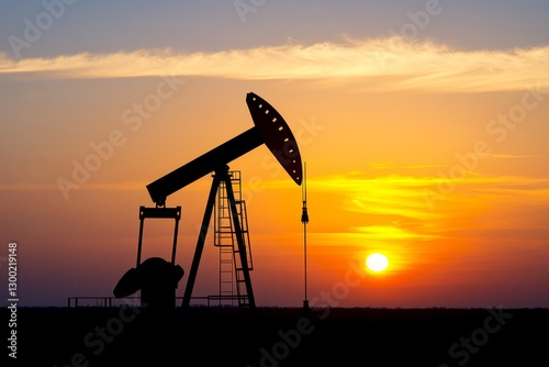 A field of oil derricks pumping crude oil from deep underground, silhouetted against the setting sun