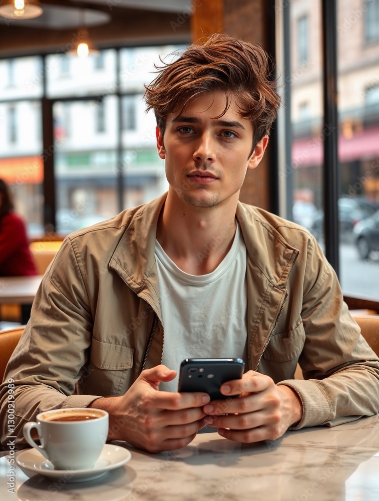 Modern young man enjoying a relaxed moment at a wooden table in a café. Generative AI
