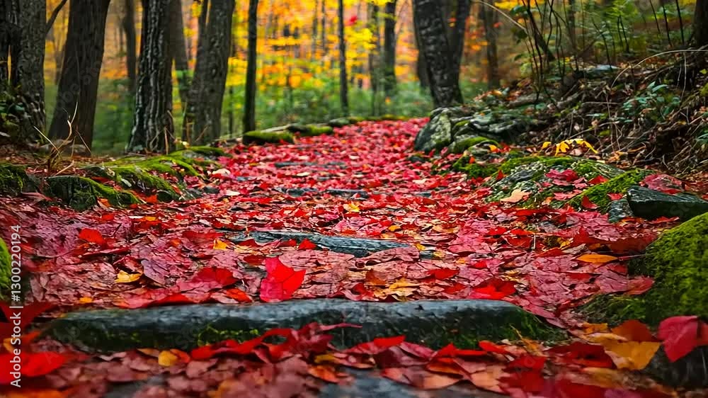 Vibrant autumn pathway covered in red leaves, surrounded by colorful trees in a serene forest