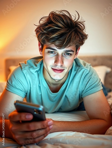 Young man lying on bed using smartphone in warm evening light. Generative AI