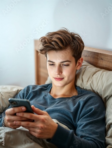 Young man lying on bed using smartphone in warm evening light. Generative AI
