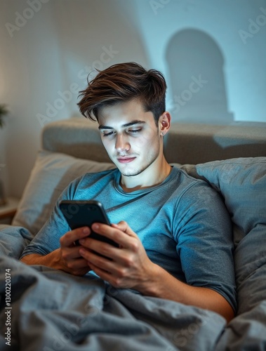 Young man lying on bed using smartphone in warm evening light. Generative AI