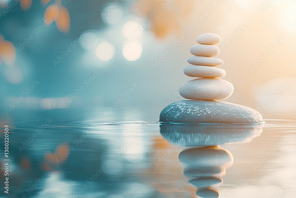 Obraz premium Serene Stacked Stones, A Peaceful Water Reflection in Soft Light