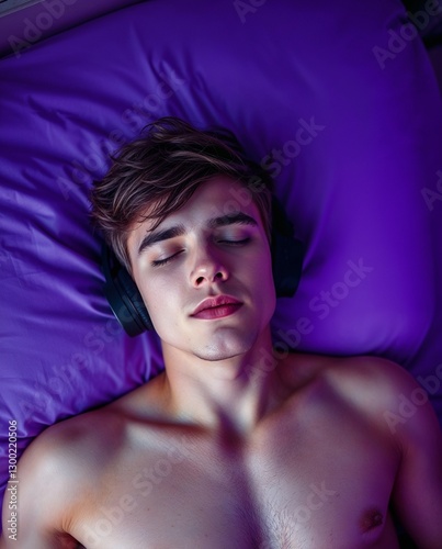 Young guy resting with eyes closed and music playing. Generative AI