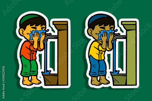Muslim Boy doing Ablution Cartoon Sticker Illustration