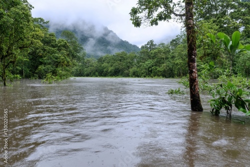 A flooded forest, with trees half-submerged and mist rising above the water