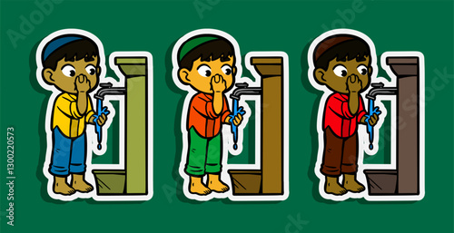 Muslim Boy doing Ablution Cartoon Sticker Illustration