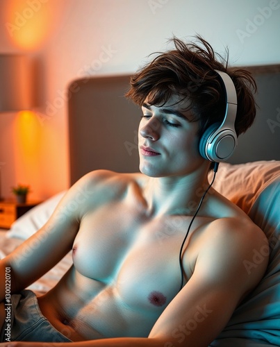 Young guy resting with eyes closed and music playing. Generative AI
