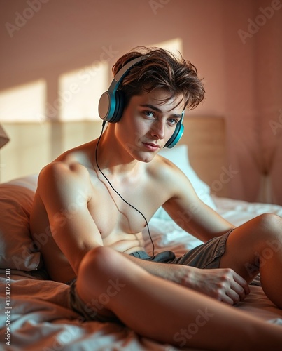 Relaxed young man enjoying music in a bedroom. Generative AI