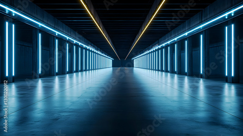Blue And Yellow Neon Lights Illuminate Concrete Tunnel With Reflective Floor Creating Modern Futuristic Perspective