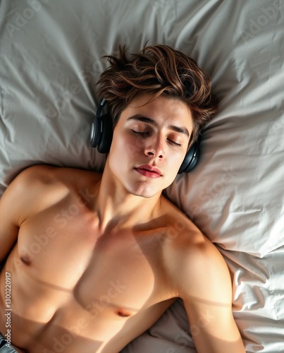 Young man lying on bed listening to music. Generative AI