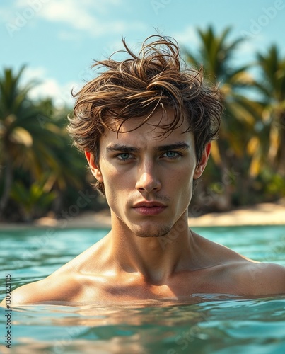 Muscular man in turquoise water with tropical island scenery. Generative AI