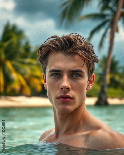Muscular man in turquoise water with tropical island scenery. Generative AI