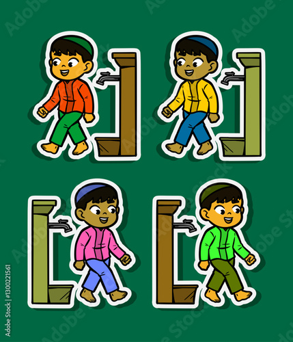 Muslim Boy doing Ablution Cartoon Sticker Illustration