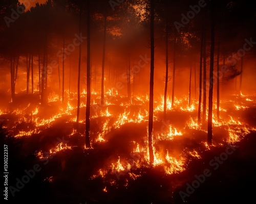 Forest ablaze with flames, trees and smoke