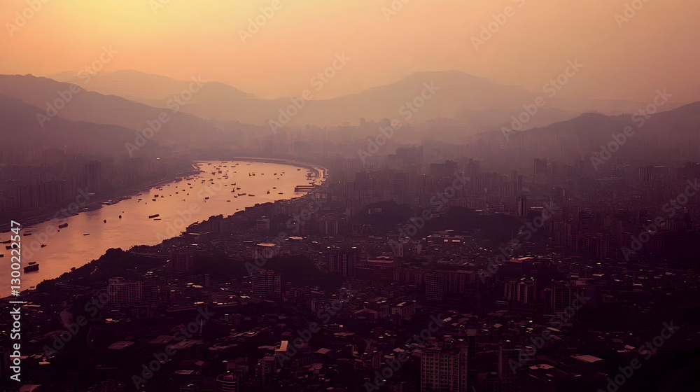 Obraz premium Sunset over hazy river city, mountains backdrop, aerial view, urban landscape illustration