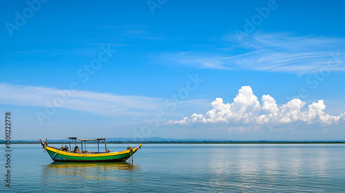 Colorful Fishing Boat Floating on Calm Water under Bright Blue Sky with White Clouds