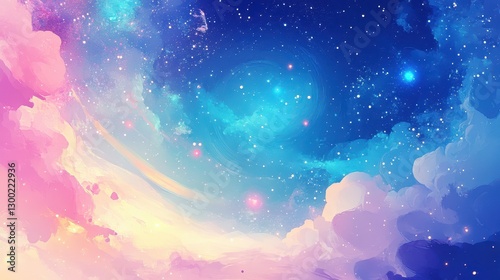 Colorful painted clouds and bright stars adorn the night sky