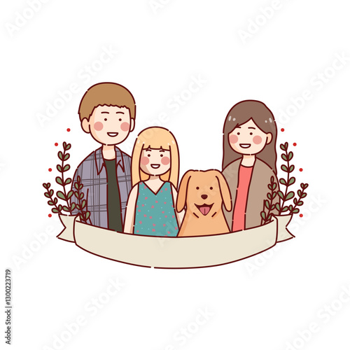 happy family potrait with a dog, smiling full of joy