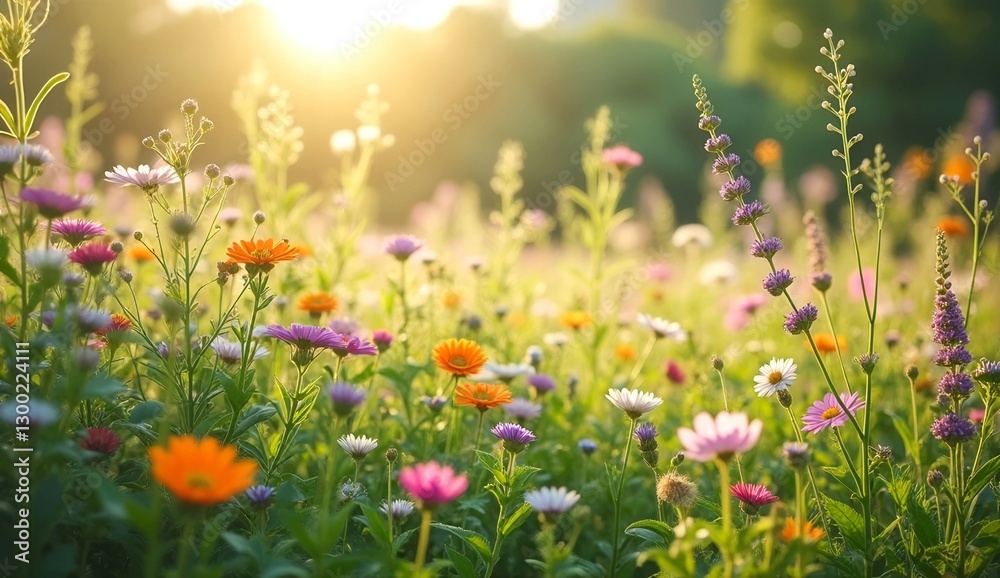 Obraz premium A field of flowers with a bright sun shining on them. The flowers are of various colors and sizes, creating a vibrant and lively scene. The sun's rays illuminate the field