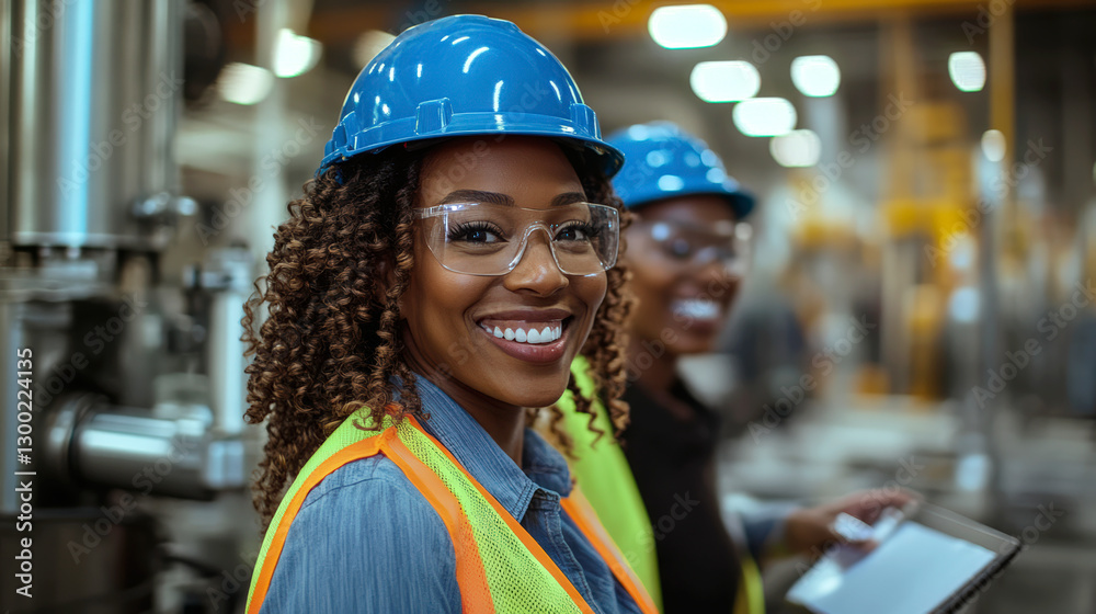 Obraz premium Smiling female quality control inspector wearing safety gear in an industrial factory setting