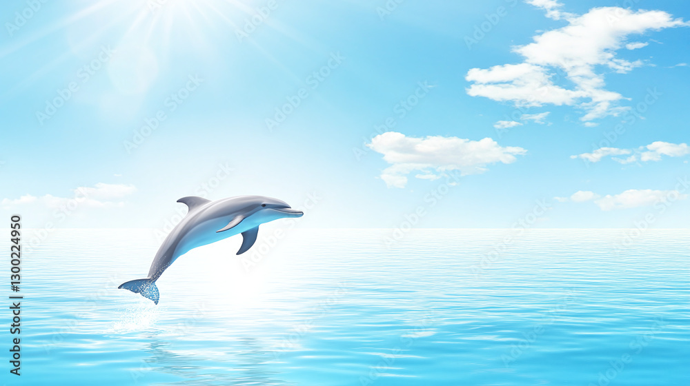 Obraz premium A clear shot of a beautiful dolphin jumping out of the water in a clear ocean against a blue sky
