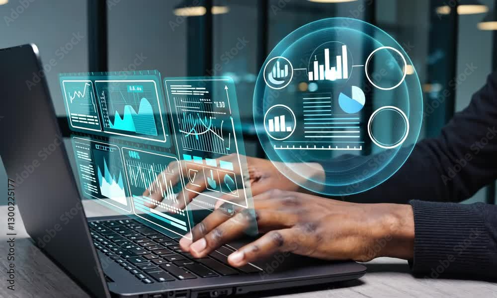 Engaging with data analysis on a laptop in a modern office environment