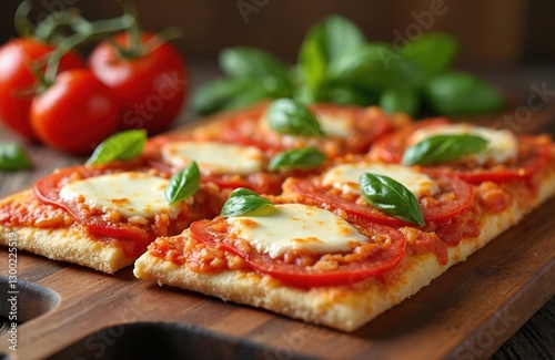 Close-up of homemade Sicilian square pizza with mozzarella, tomatoes, basil. Crusty edge, juicy tomato slices, basil leaves on wooden board. Traditional Italian fast food, tasty snack with aromatic