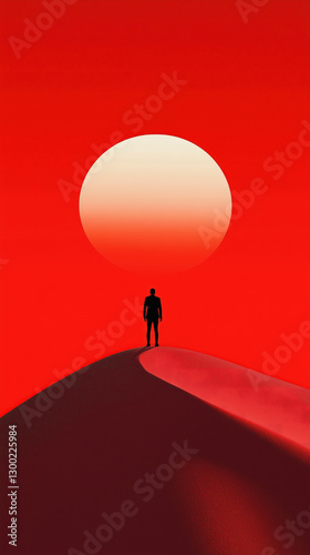 man silhouette stands on red dune under large sun