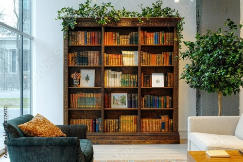Elegant Bookshelf Backdrop With Lush Greenery, Cozy Reading Nook, Perfect For Online Presentations And Virtual Meetings Atmosphere