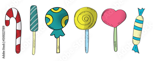 Set of candies, lollipop, sugar caramel in wrapper and twisted marshmallow on stick