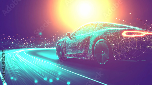 Futuristic Sports Car on a Night Road with Glowing Lights