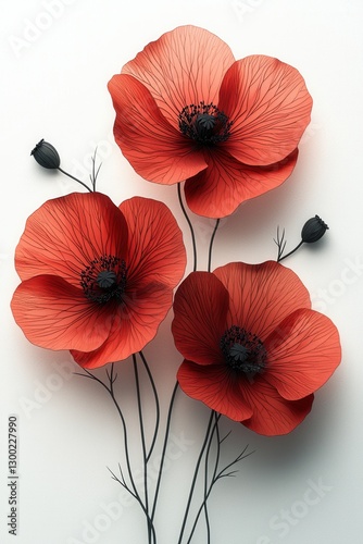 Vivid red poppy flowers depicted with detailed and elegant artistic precision