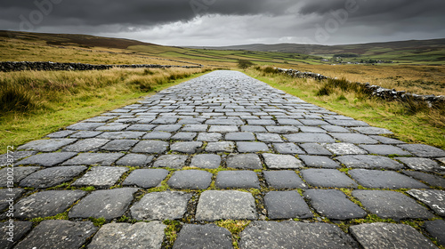 Wet Cobblestone Path Leading Through Rolling Hills Under a Stormy Sky