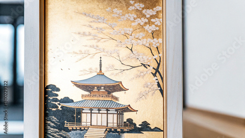 Japanese-style panel painting with cherry blossoms and golden background.