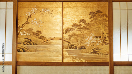 Japanese interior decor featuring a gold-leaf panel with cherry blossoms, a lake, and delicate artistic detailing.