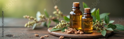 Bottles of essential oil with eucalyptus leaves on wooden desk. Herbal medicine, aromatherapy banner. Natural therapy, spa relaxation. Aroma health, wellness treatment with organic plant extract