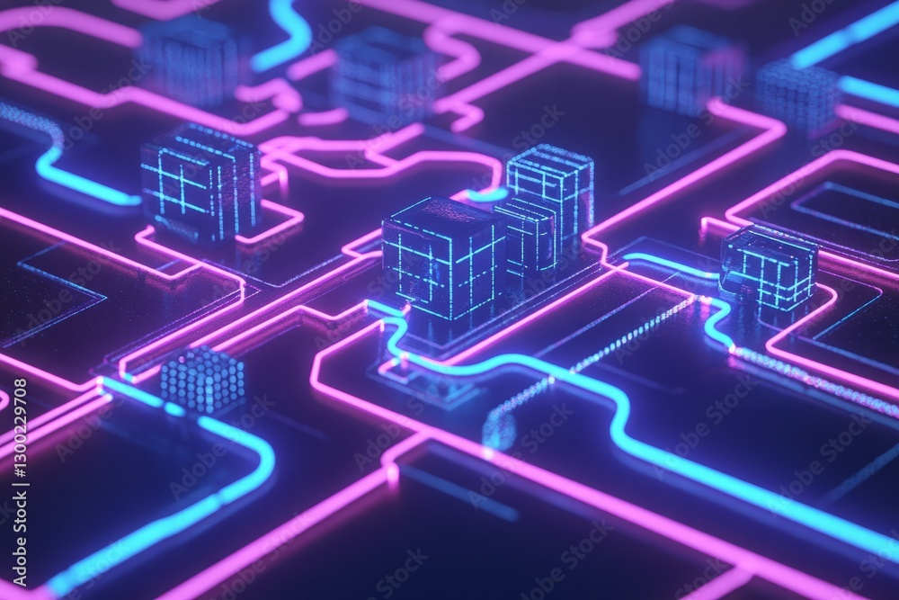 A computer graphic of a city with neon lights. network with blocks and connections on a dark background, a technology concept A computer graphic of a city with neon lights. network with blocks and connections on a dark background, a technology concept