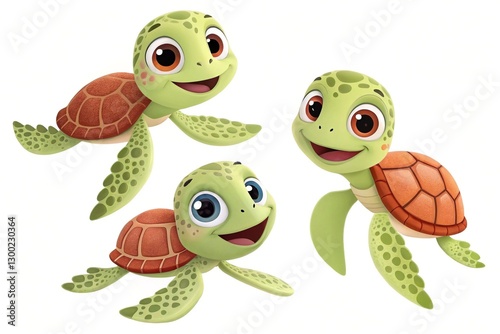 Cute 3D Happy Sea Turtle Trio – Playful and Lively Marine Characters